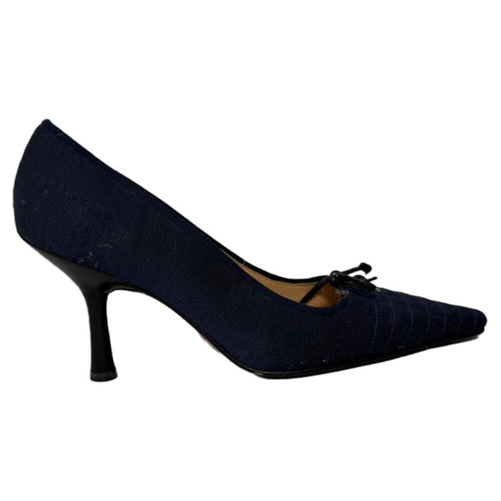 Chanel Bow Detail CC Pumps in Navy Blue Cotton